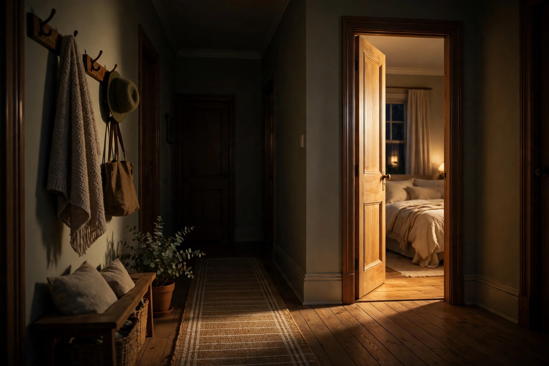 A quiet home hallway at night, warm light from a bedroom doorway